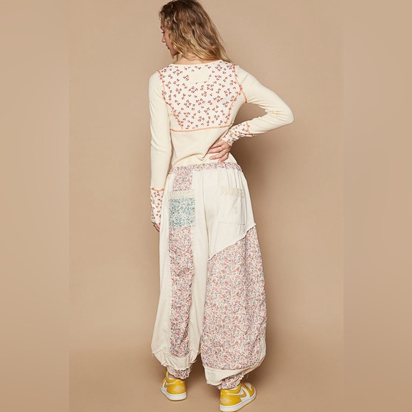 253B. Floral Print Patchwork Twill Jogger Pants - Oatmeal - Picture 2 of 7